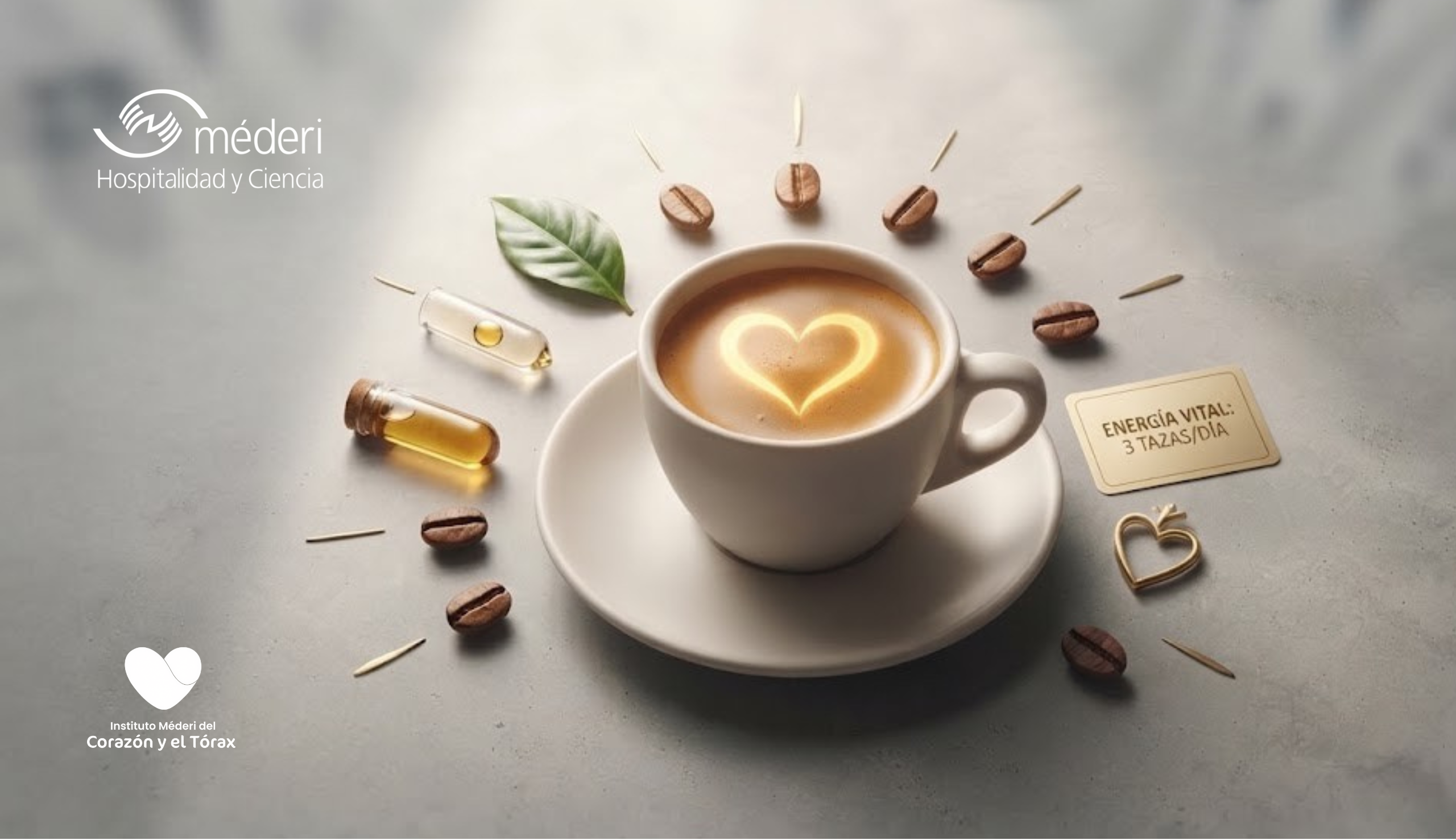 Evidencia Confirma Beneficios del Café para el Corazón - Méderi Taza de café con espuma en forma de corazón rodeada de granos de café y elementos alusivos a la salud cardíaca del Instituto Méderi del Corazón y el Tórax