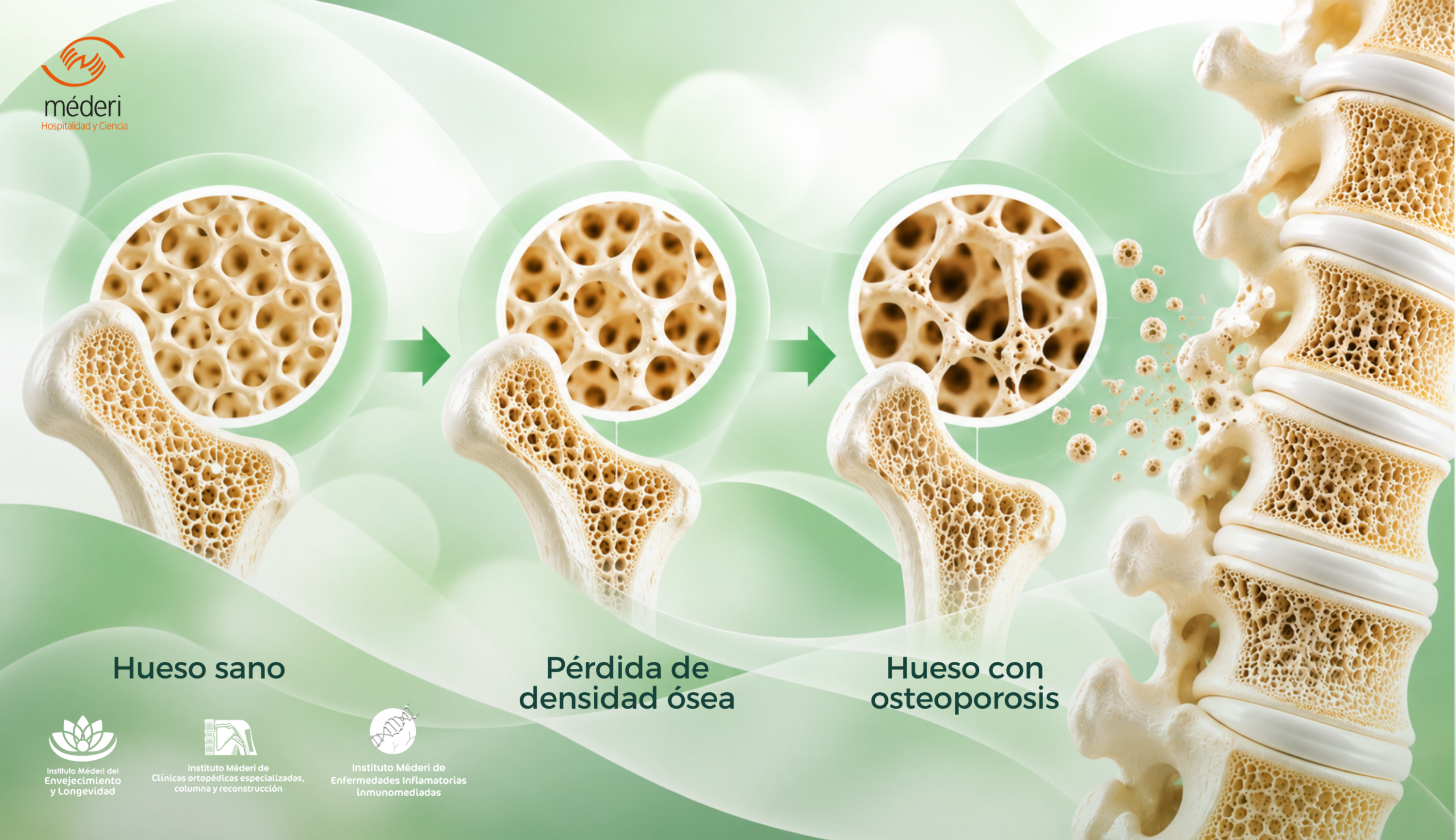 Banner principal del artículo que ilustra la transición desde un hueso sano hasta un hueso con osteoporosis en la Red Hospitalaria Méderi.
