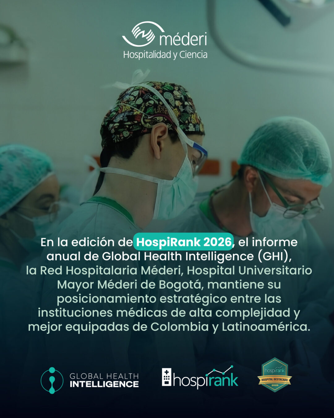 Méderi Destacado en HospiRank 2026 - Global Health Intelligence Pieza gráfica para dispositivos móviles y redes sociales sobre el reconocimiento de la Red Hospitalaria Méderi en HospiRank 2026 como hospital destacado.