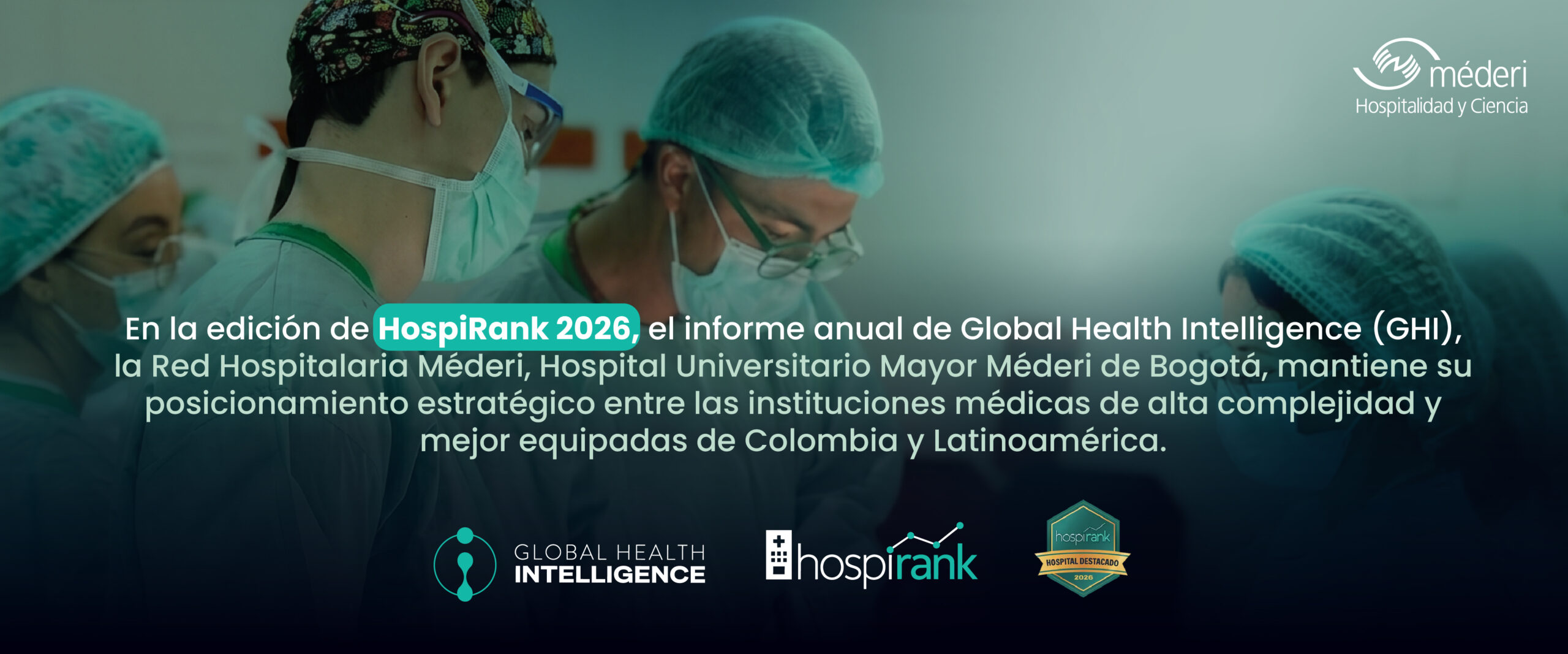 Banner web institucional que destaca a la Red Hospitalaria Méderi, Hospital Universitario Mayor, entre las instituciones mejor equipadas de Colombia y Latinoamérica según HospiRank 2026 de Global Health Intelligence.