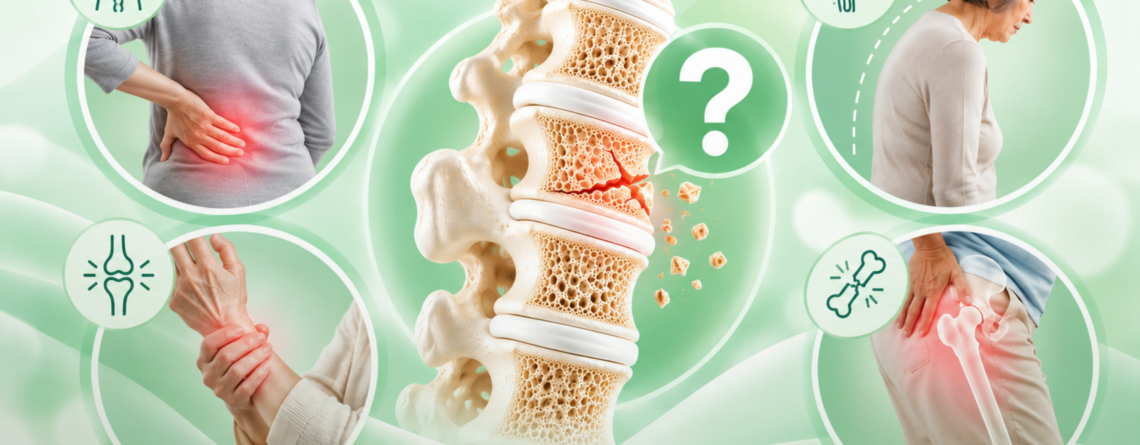 Banner principal del artículo que ilustra las posibles manifestaciones clínicas de la osteoporosis, como dolor de espalda, cambios en la postura y fracturas por fragilidad.