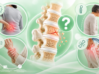 Banner principal del artículo que ilustra las posibles manifestaciones clínicas de la osteoporosis, como dolor de espalda, cambios en la postura y fracturas por fragilidad.