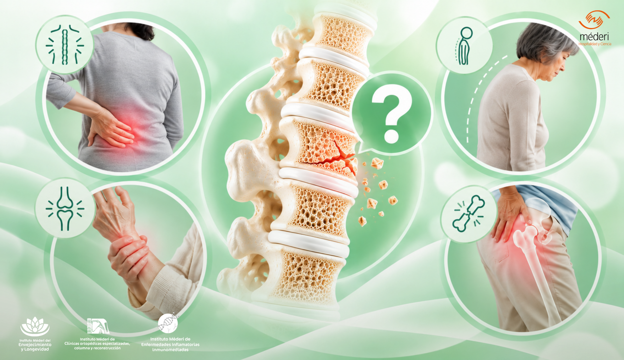 Banner principal del artículo que ilustra las posibles manifestaciones clínicas de la osteoporosis, como dolor de espalda, cambios en la postura y fracturas por fragilidad.