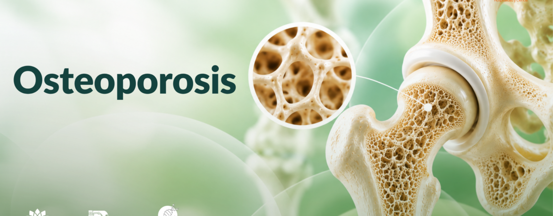 Ilustración médica de la estructura ósea y cadera que explica qué es la osteoporosis y la pérdida de densidad en los huesos.